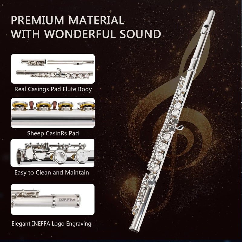 INEFFA Professional Nickel Plated C Flute for Beginners and All Levels, 16 Key Closed Hole with Ergonomic Design, Includes Carrying Case, Gloves, Cleaning Cloth, Tuning Rod, - Image 4